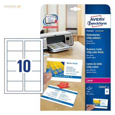 Avery Zweckform Visitenkarten Premium 85x54 mm 220 g/qm beidseitig sat Avery Zweckform Visitenkarten Premium 85x54 mm 220 g/qm beidseitig sat