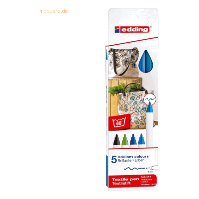 Edding Textilpen edding 4600 Rundspitze 1mm VE=5 Farben Edding Textilpen edding 4600 Rundspitze 1mm VE=5 Farben