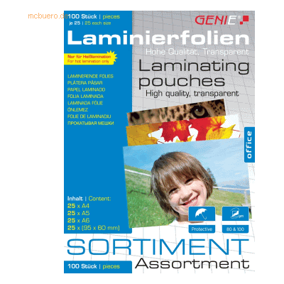 Genie Laminiertaschen je 25 Stück A4/A5/A6/Visitenkarten 95x60mm Genie Laminiertaschen je 25 Stück A4/A5/A6/Visitenkarten 95x60mm