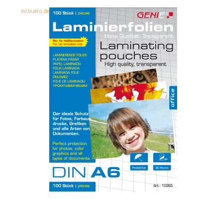 Genie Laminiertaschen A6 80 mic. VE=100 Stück Genie Laminiertaschen A6 80 mic. VE=100 Stück