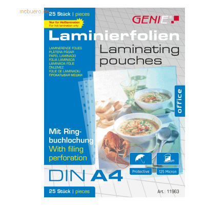 Genie Laminiertaschen A4 125mic. VE=25 Stück mit Ringbuchlochung Genie Laminiertaschen A4 125mic. VE=25 Stück mit Ringbuchlochung