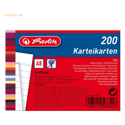 8 x Herlitz Karteikarten A8 170g/qm liniert weiß VE=200 Stück 8 x Herlitz Karteikarten A8 170g/qm liniert weiß VE=200 Stück