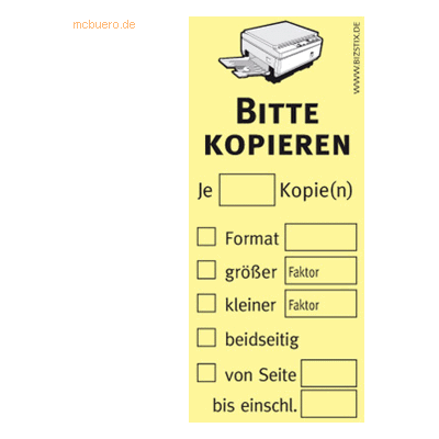 Bizstix Haftnotizen 75x35mm gelb 'Bitte kopieren' VE=5 Blöcke Bizstix Haftnotizen 75x35mm gelb 'Bitte kopieren' VE=5 Blöcke