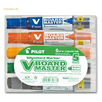 Pilot Boardmarker V-Boardmaster Begreen Set 5 Farben + Tafelwischer Pilot Boardmarker V-Boardmaster Begreen Set 5 Farben + Tafelwischer