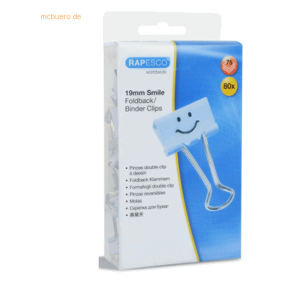 Rapesco Foldback-Klammern 19mm hellblau Smiley VE=80 Stück Rapesco Foldback-Klammern 19mm hellblau Smiley VE=80 Stück