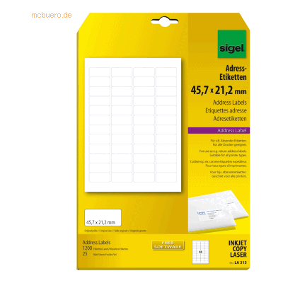Sigel Adress-Etiketten 45,7x21,2mm weiß VE=1200 Stück Sigel Adress-Etiketten 45,7x21,2mm weiß VE=1200 Stück