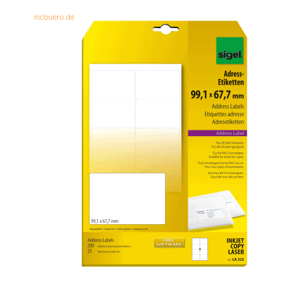 Sigel Adress-Etiketten 99,1x67,7mm weiß VE=200 Stück Sigel Adress-Etiketten 99,1x67,7mm weiß VE=200 Stück