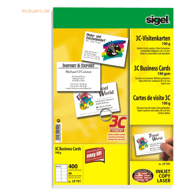 Sigel Visitenkarten 3C Ink/Laser/Copy 190g/qm hochweiß VE=400 Stück Sigel Visitenkarten 3C Ink/Laser/Copy 190g/qm hochweiß VE=400 Stück