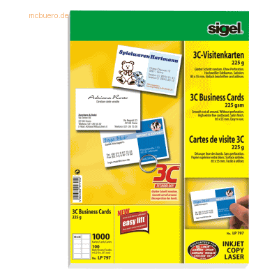 Sigel Visitenkarten 3C Ink/Laser/Copy 225g/qm hochweiß VE=1000 Stück Sigel Visitenkarten 3C Ink/Laser/Copy 225g/qm hochweiß VE=1000 Stück