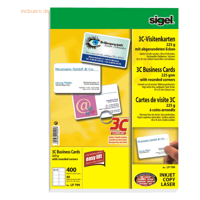 Sigel Visitenkarten 3C Ink/Laser/Copy 225g/qm hochweiß VE=400 Stück Sigel Visitenkarten 3C Ink/Laser/Copy 225g/qm hochweiß VE=400 Stück