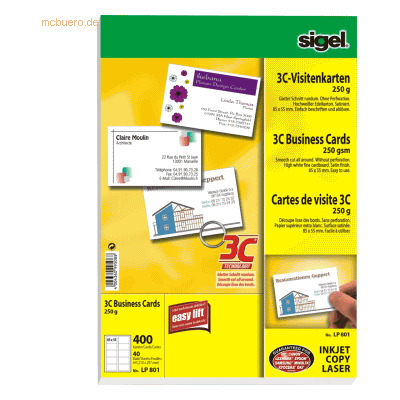 Sigel Visitenkarten 3C Ink/Laser/Copy 250g/qm hochweiß VE=400 Stück Sigel Visitenkarten 3C Ink/Laser/Copy 250g/qm hochweiß VE=400 Stück