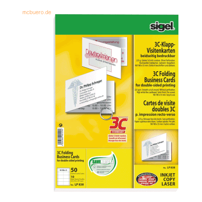 Sigel Klapp-Visitenkarten 3C beidseitig bedruckbar 225g/qm hochweiß VE Sigel Klapp-Visitenkarten 3C beidseitig bedruckbar 225g/qm hochweiß VE