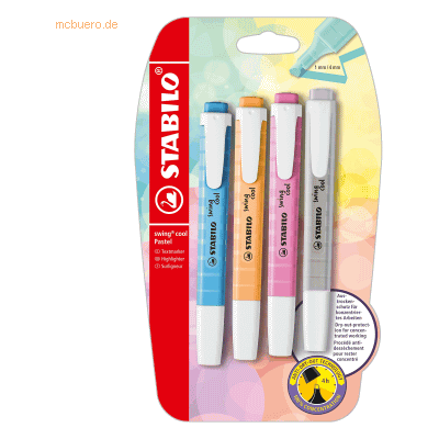 10 x Stabilo Textmarker swing cool Pastel sortiert VE=4 Stifte Blister 10 x Stabilo Textmarker swing cool Pastel sortiert VE=4 Stifte Blister