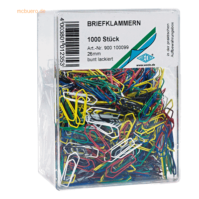 Wedo Büroklammer lackiert 26mm VE=1000 Stück farbig sortiert Wedo Büroklammer lackiert 26mm VE=1000 Stück farbig sortiert