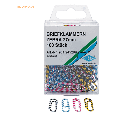 10 x Wedo Büroklammern ZEBRA 27mm VE=100 Stück farbig 10 x Wedo Büroklammern ZEBRA 27mm VE=100 Stück farbig