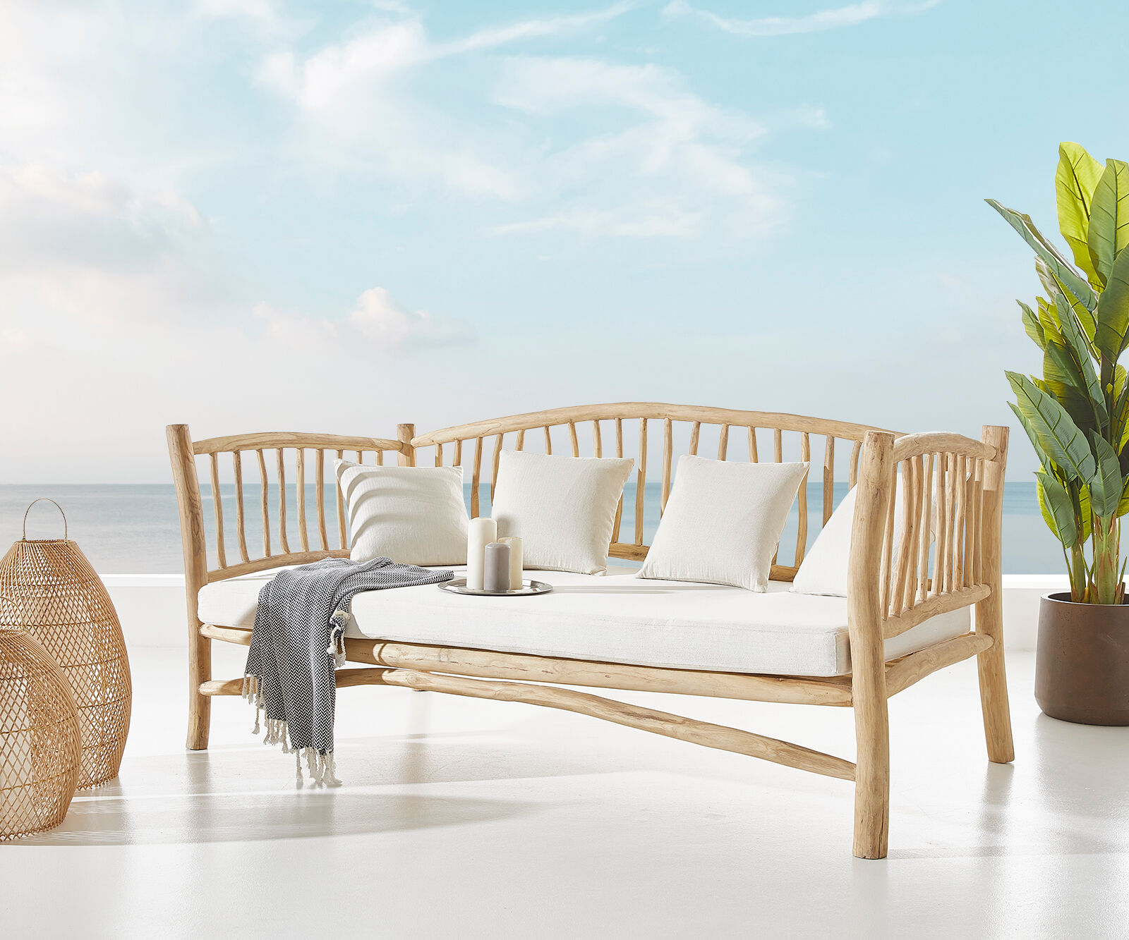 DELIFE Outdoorsofa Melania 212x103 cm Teak Natur mit Kissen weiß