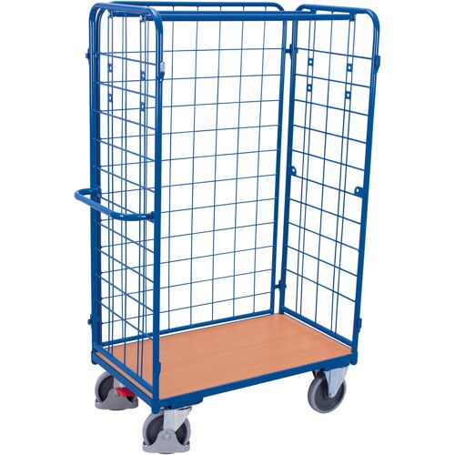 Variofit Paket-Dreiwandwagen, hoch, seitlich vergittert Ladefläche 850x500mm Enzianblau RAL 5016