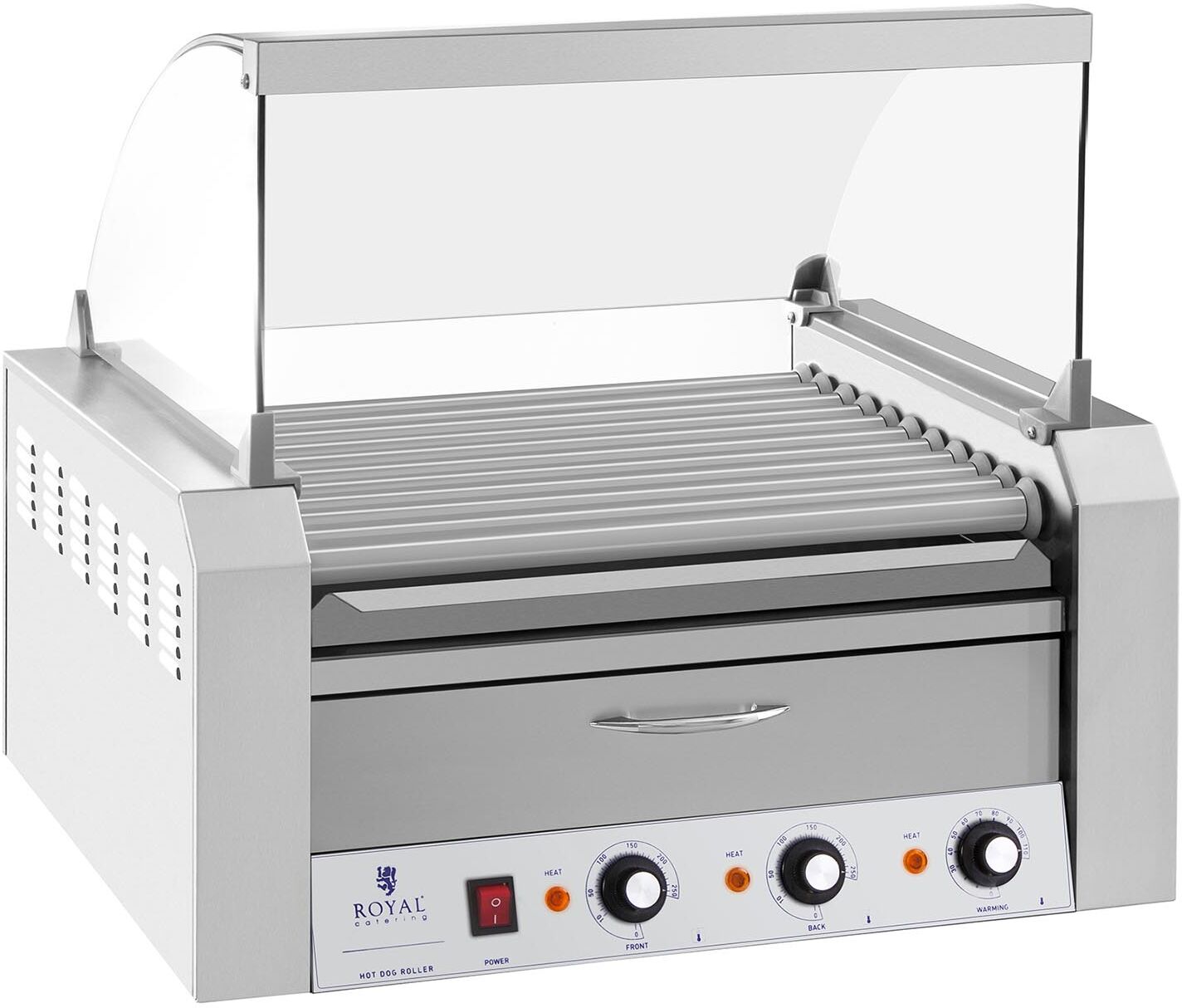 Royal Catering Hot Dog Grill - 11 Rollen - Wärmeschublade - Edelstahl 10010467