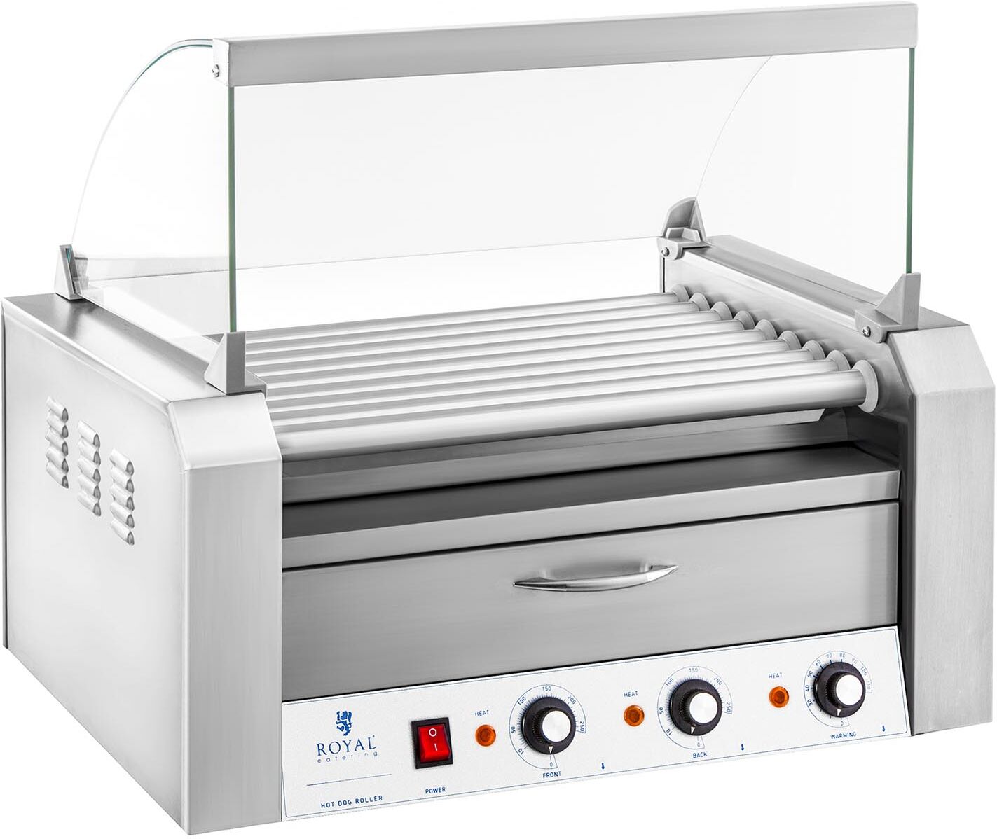 Royal Catering Hot Dog Grill - 9 Rollen - Wärmeschublade - Edelstahl 10010468