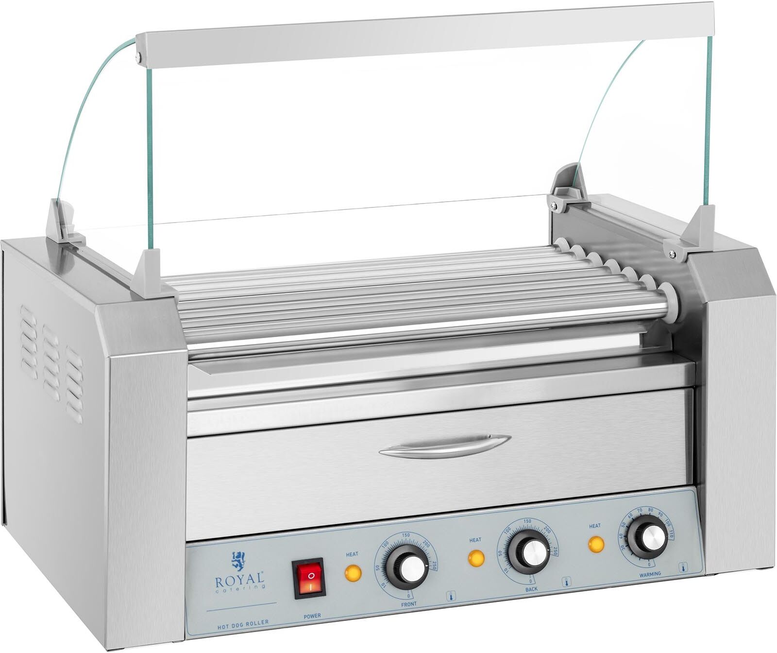 Royal Catering Hot Dog Grill - 7 Rollen - Wärmeschublade - Edelstahl 10011690 Royal Catering Hot Dog Grill - 7 Rollen - Wärmeschublade - Edelstahl 10011690