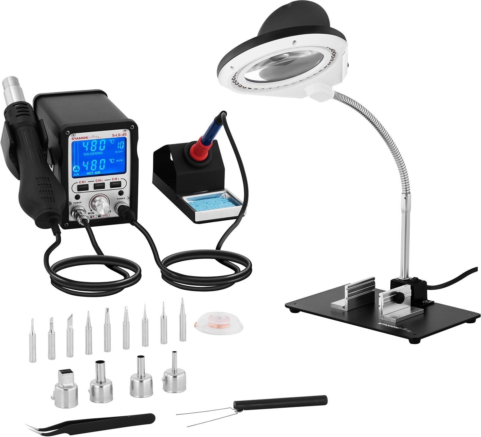 Stamos Soldering Set Lötstation digital - 70 W - Speichertasten + Zubehör + Vergrößerungslampe 10021073