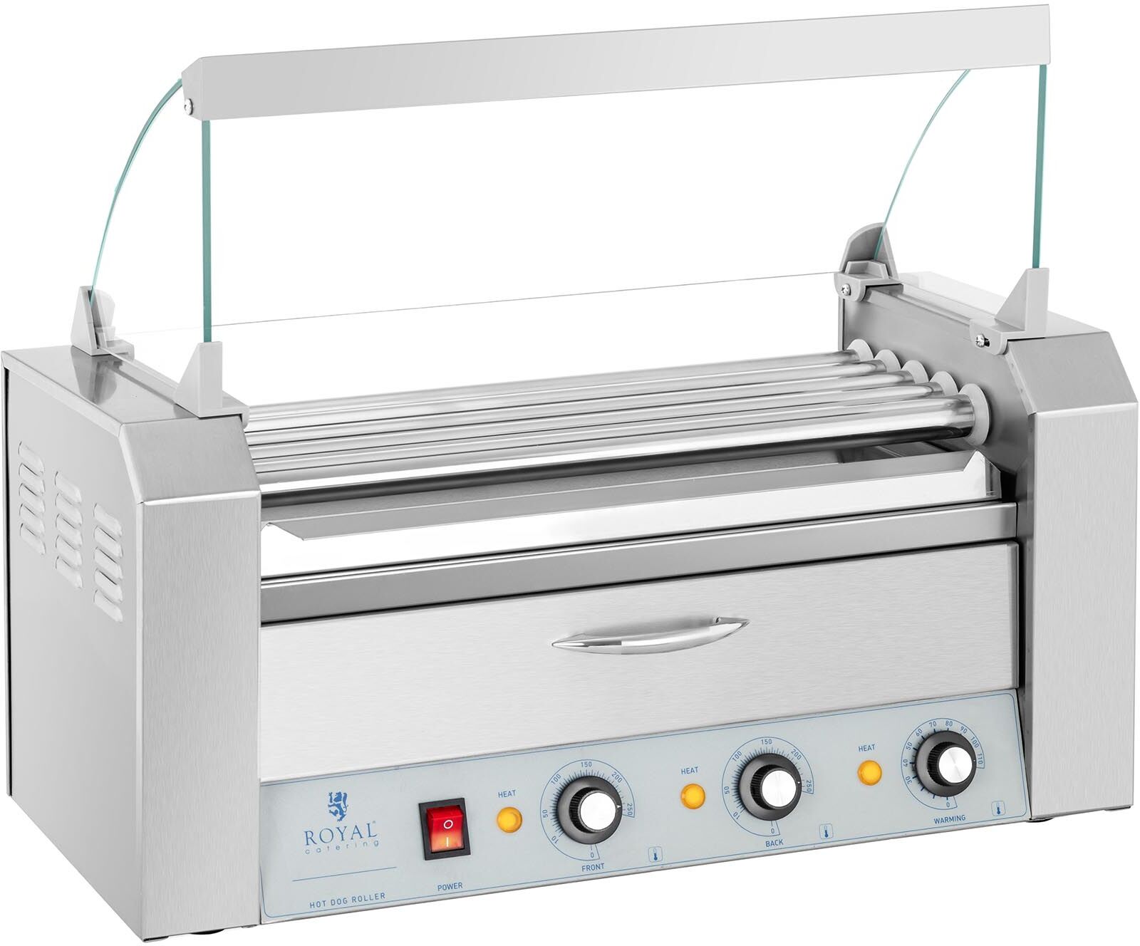 Royal Catering Hot Dog Grill - 5 Rollen - Wärmeschublade - Edelstahl 10011691