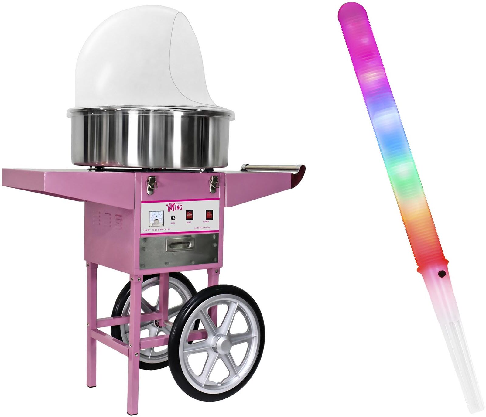 Royal Catering Zuckerwattemaschine Set mit Zuckerwattestäbchen LED - 52 cm - 1.200 W - Wagen - Spuckschutz - 100 St 18000322