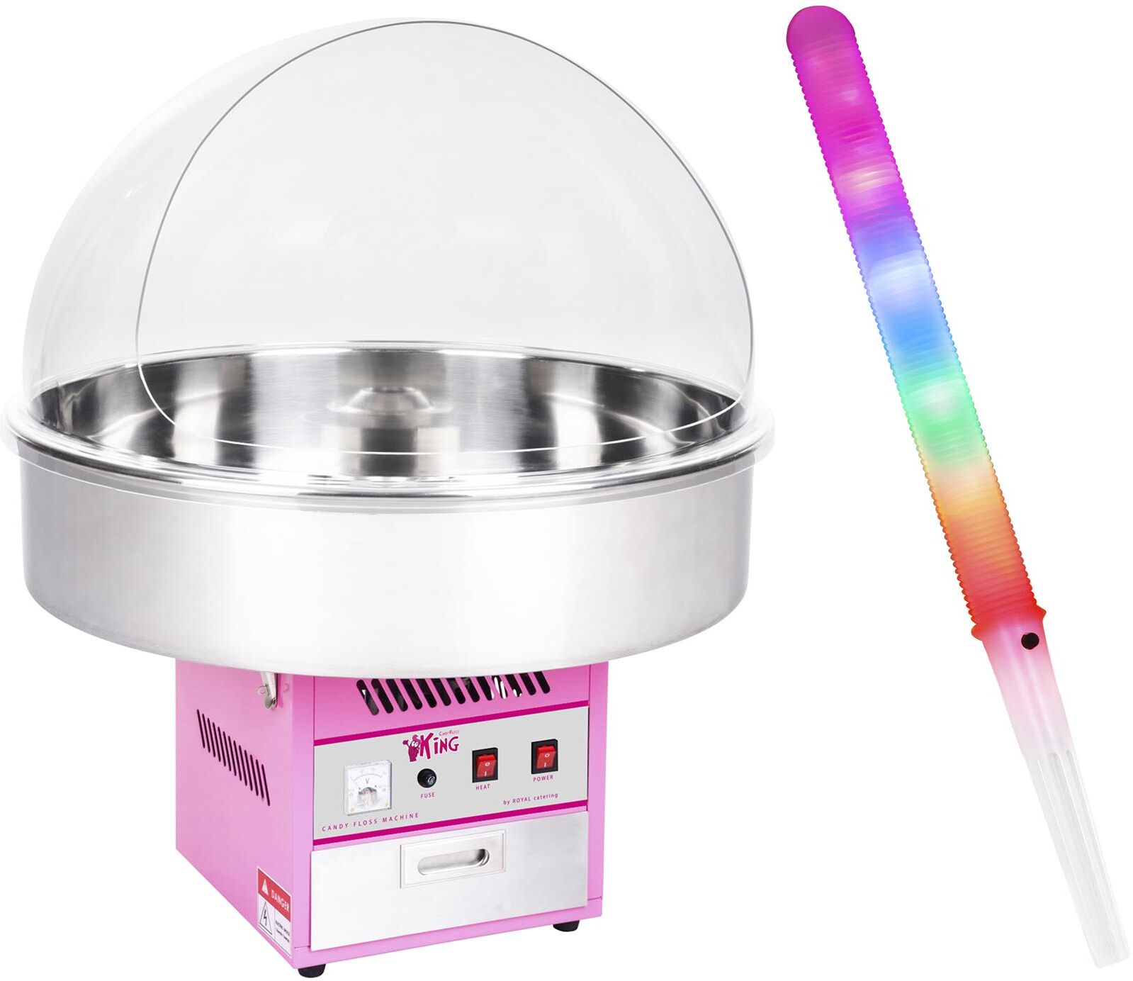 Royal Catering Zuckerwattemaschine Set mit Zuckerwattestäbchen LED - 72 cm - 1.200 W - Spuckschutz - 50 Stk. 18000326