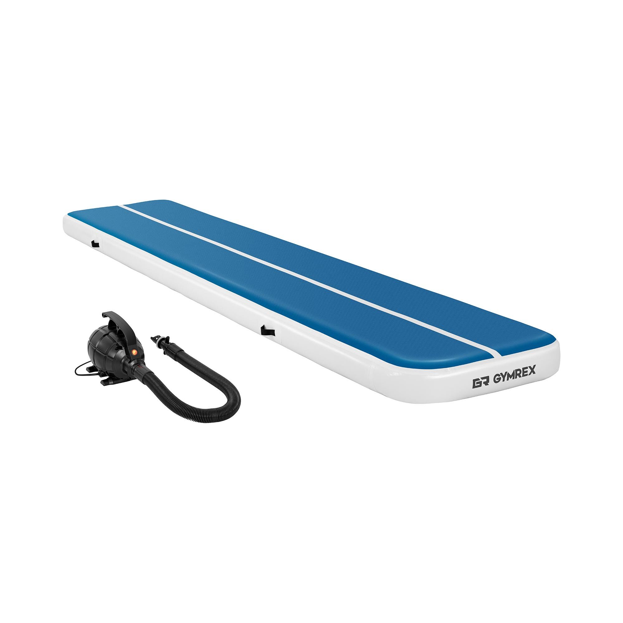 Gymrex Set Aufblasbare Turnmatte - Airtrack inklusive Luftpumpe - 500 x 100 x 20 cm - 250 kg - blau/weiß 18000414