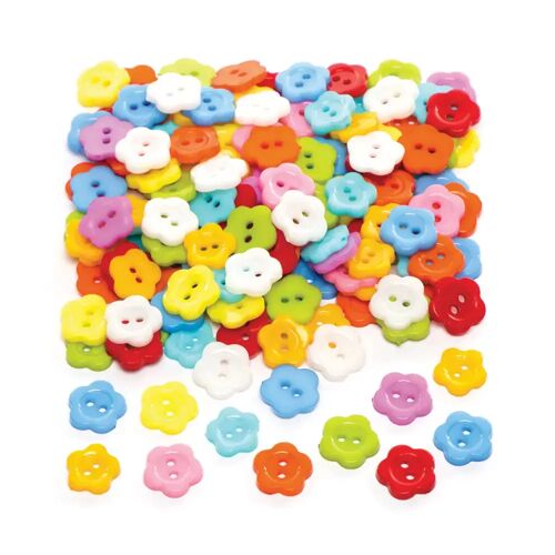 Ross Blumenknöpfe - 150 Blumenknöpfe aus Plastik mit 4 Löchern. Zum Basteln und als Deko. 15 mm Durchmesser.