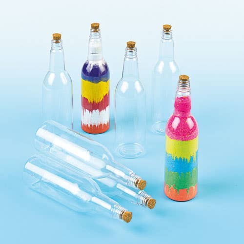 Sandkunst Flaschen - 6 Plastikflaschen zum Basteln mit Korken. Perfekt zum Befüllen mit farbigem Sand. 19 cm hoch.