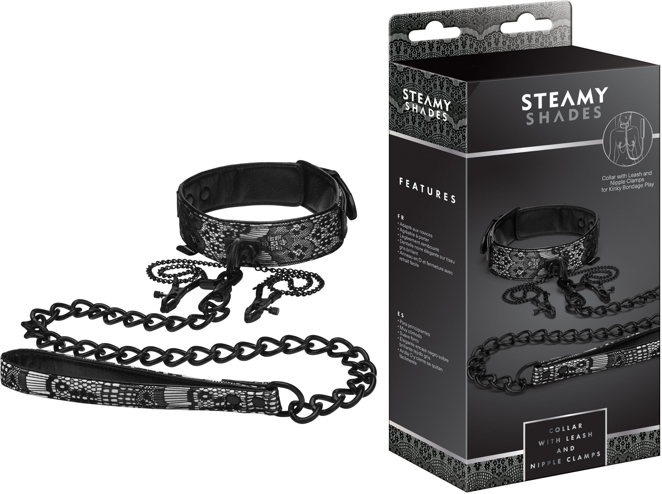 STEAMY SHADES Collar with Leash and Nipple Clamps