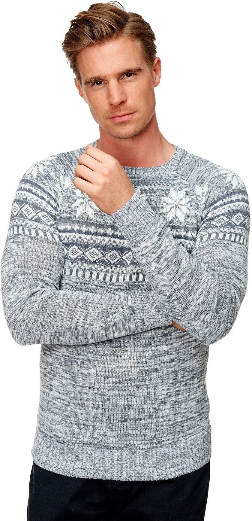 FORBEST Strickpullover »3436« Herren Pullover Strick Slim Fit Muster Streifen Snow Design Rundhals, Grau