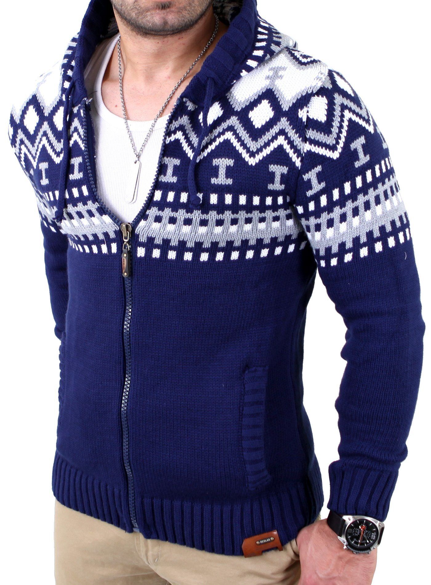 Reslad Strickpullover »Herren Grobstrick Norweger Winter Strickjac« Strickjacke Zipper Hoodie, blau