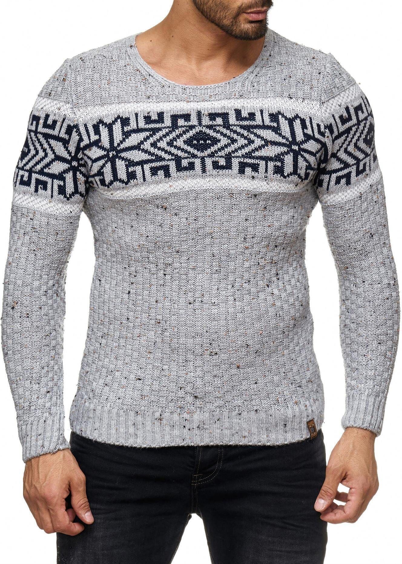 Reslad Strickpullover »Herren Strickpullover Rundhals Norwegerpullover« Norwegermuster Rundhalspullover, grau