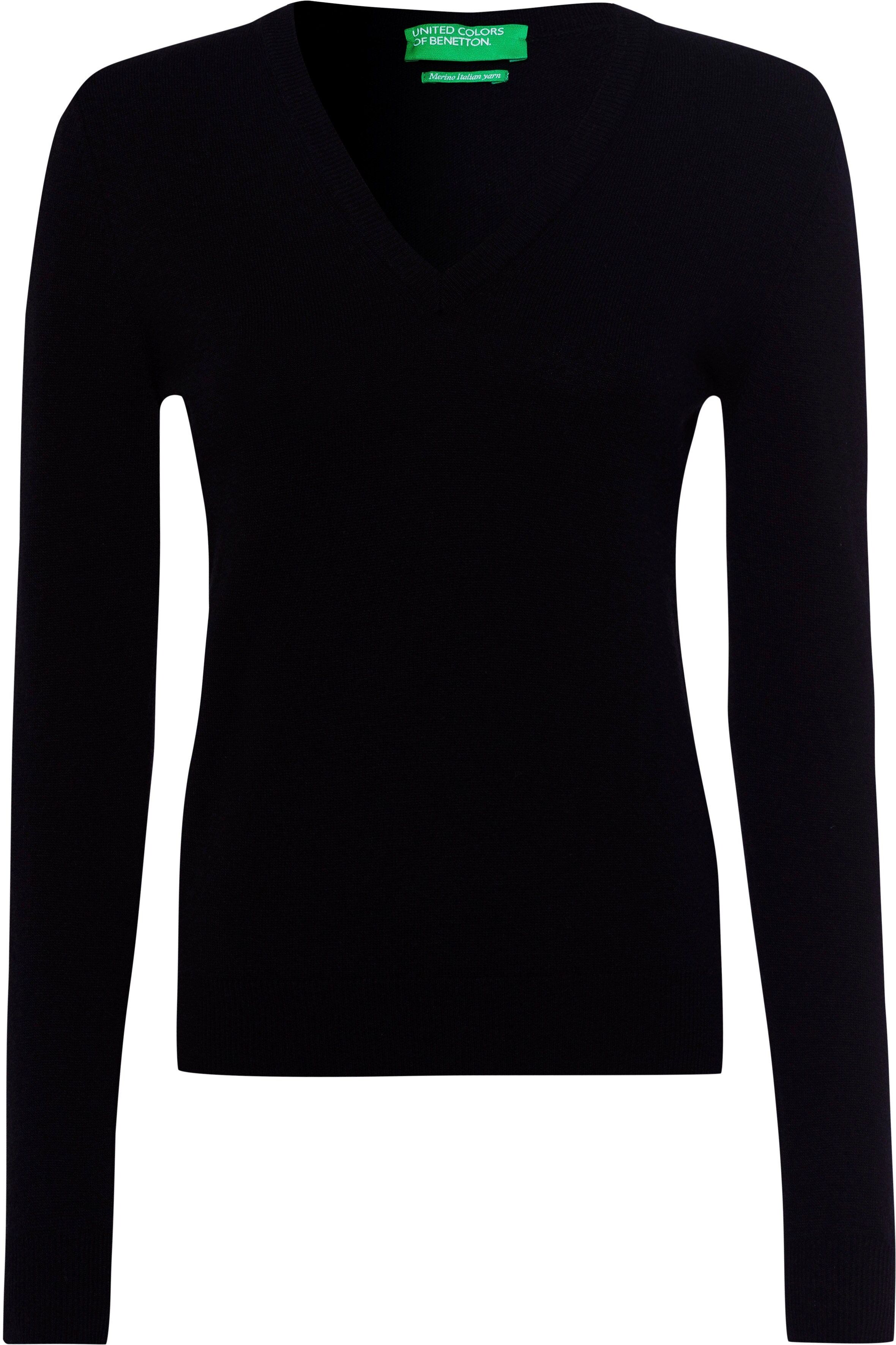 United Colors of Benetton V-Ausschnitt-Pullover in kombistarker Basic-Form, schwarz