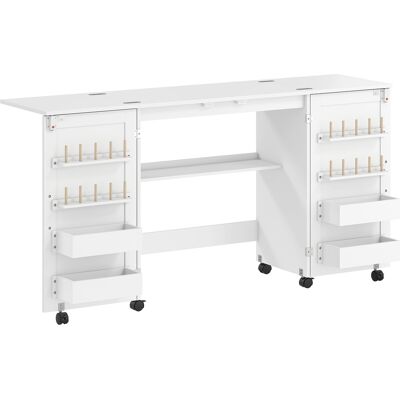 HOMCOM Klappbarer Nähtisch mit 2 Magnetischen Türen, Nähtisch Platzsparend mit Aufbewahrungsregalen, 20 Spulenstifte, Bremsrädern, Nähschrank, Weiß Aosom HOMCOM Klappbarer Nähtisch mit 2 Magnetischen Türen, Nähtisch Platzsparend mit Aufbewahrungsregalen, 20 Spulenstifte, Bremsrädern, Nähschrank, Weiß Aosom