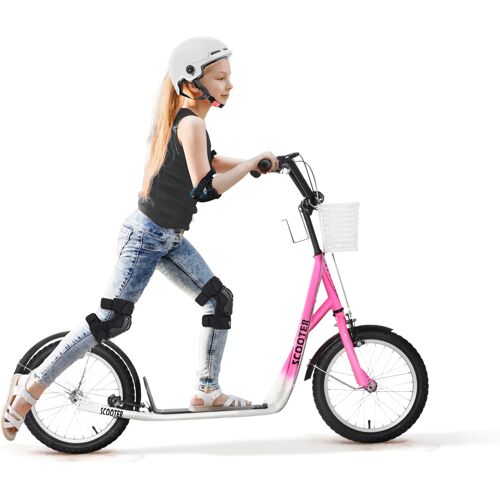 HOMCOM Kinderroller Scooter Tretroller mit Bremse Korb höhenverstellbar für 5-12 Kinder Roller Kickboard Aluminiumlegierung Gummi Rosa+Weiß Aosom