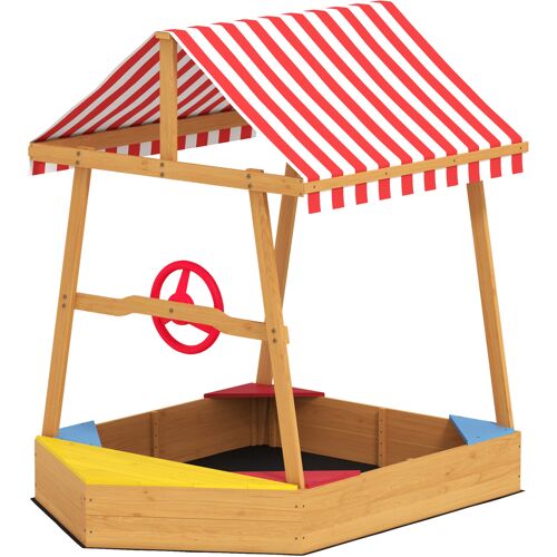 AIYAPLAY Kinder Sandkasten aus Holz, Sandkasten mit UV-Schutz Abdeckung, Bootförmig mit Sitzen, Steuerrad und Vliesstoffboden, 133 x 101 x 141 cm, gelb Aosom