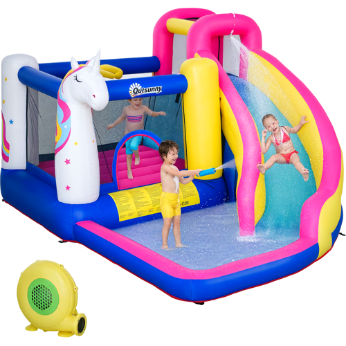 Outsunny Hüpfburg mit Gebläse und Rutsche, aufblasbare Springburg für 4 Kinder, Wasserpark für 3-8 Jahre, Oxford-Polyester-Gewebe, ideal für Outdoor-Spaß Aosom.de