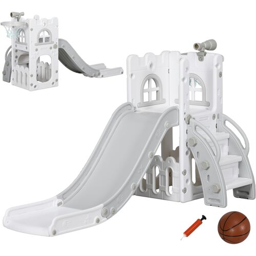 AIYAPLAY Kinderrutsche, 5 in 1, Kleinkinderrutsche mit Basketballkorb, Teleskop Klettergerüst, Aufbewahrungskorb Rutsche mit Basketball für Kinder 1-3 Jahre, Indoor, Grau 70 x 177 x 92 cm Aosom