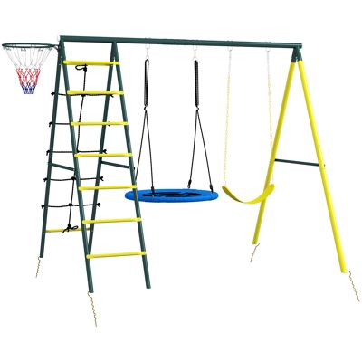 Outsunny Kinderschaukel 4-in-1, mit Nest- und Einzelschaukel, Kletternetz, Basketballkorb, Leiter, Traglast 160 kg, für Außenbereich, Spielplatz für Kinder von 3 bis 8 Jahren, Gelb Aosom Outsunny Kinderschaukel 4-in-1, mit Nest- und Einzelschaukel, Kletternetz, Basketballkorb, Leiter, Traglast 160 kg, für Außenbereich, Spielplatz für Kinder von 3 bis 8 Jahren, Gelb Aosom