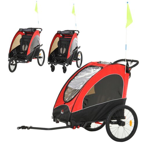 HOMCOM 3 in 1 Kinderanhänger Aluminium Kinder Jogger Fahrradanhänger Radanhänger für 2 kinder mit Fahne Rot+Schwarz 150 x 85 x 107 cm