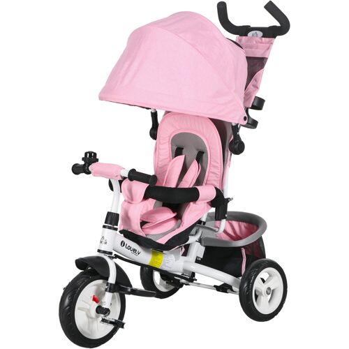 HOMCOM 6 in 1 Kinderdreirad 1-5 Jahre mit Lenker, verstellbarem Verdeck, Gurt und Korb, Kinderwagen-Dreirad aus Metall und Polyester, 102x49x102 cm, Weiß und Rosa Aosom