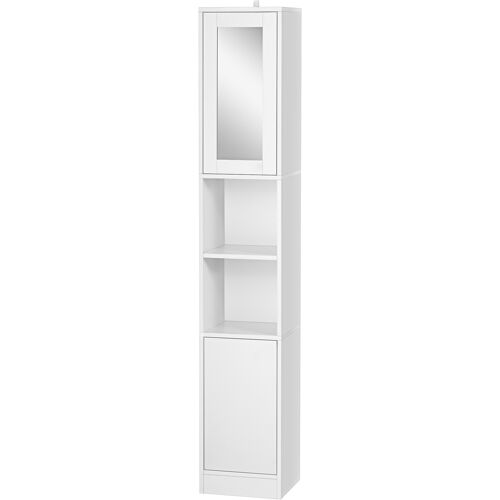 Kleankin Badezimmerschrank Platzsparend mit Spiegel und Druckverschluss, Mehrzweck-Badezimmerschrank aus Holz, 30x28x170cm, Weiß Aosom