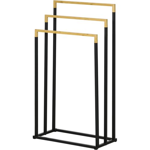 kleankin Handtuchständer Badetuchhalter mit 3 Stangen aus Stahl und Bambus in Schwarz, ideal für Badezimmer Aosom.de