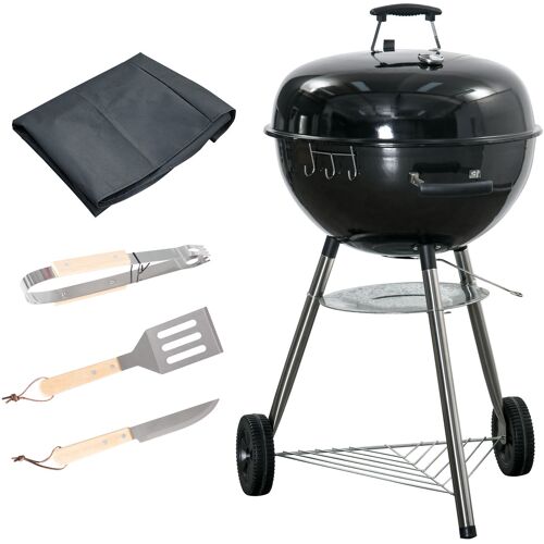 Outsunny Holzkohlegrill mit Grillrost Abdeckung Thermometer Ablage Grillwagen Rundgrill Standgrill BBQ rund mit Aschefänger Metall 65 x 65 x 108 cm