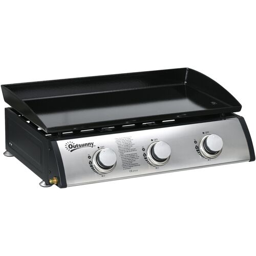 Outsunny Gasgrill, Tischgrill BBQ mit 3 Brennern, Tischgasgrill mit Schlauch, Deckel, Campinggrill für Garten, Edelstahl, Metall, Schwarz, 63 x 47 x 25 cm Aosom