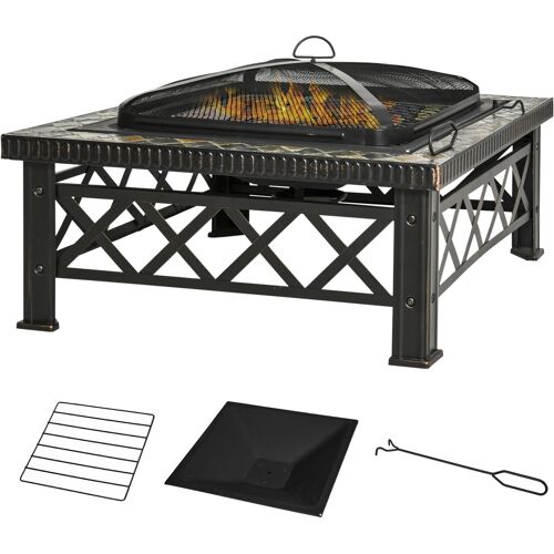 Outsunny 3-in-1 Feuerschale Feuerkorb Feuerstelle mit Funkenschutz, Grillrost & Eiskübel für Garten BBQ Schwarz 76x76x47cm Aosom.de