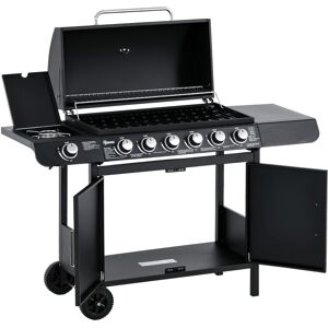 Outsunny Gasgrill BBQ Grillwagen mit 6 Brennern 1 Seitenbrenner Schrank Multifunktion Metall Schwarz 135 x 50 x 100 cm